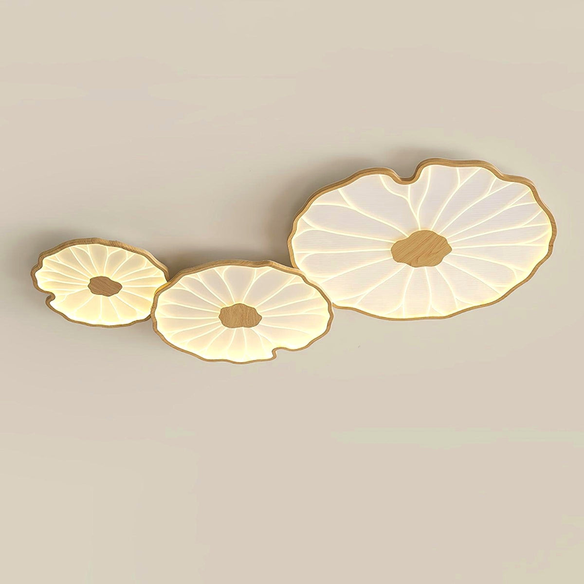 Plafonnier en forme de feuille de lotus, finition bois naturel, pour salon - vue en perspective