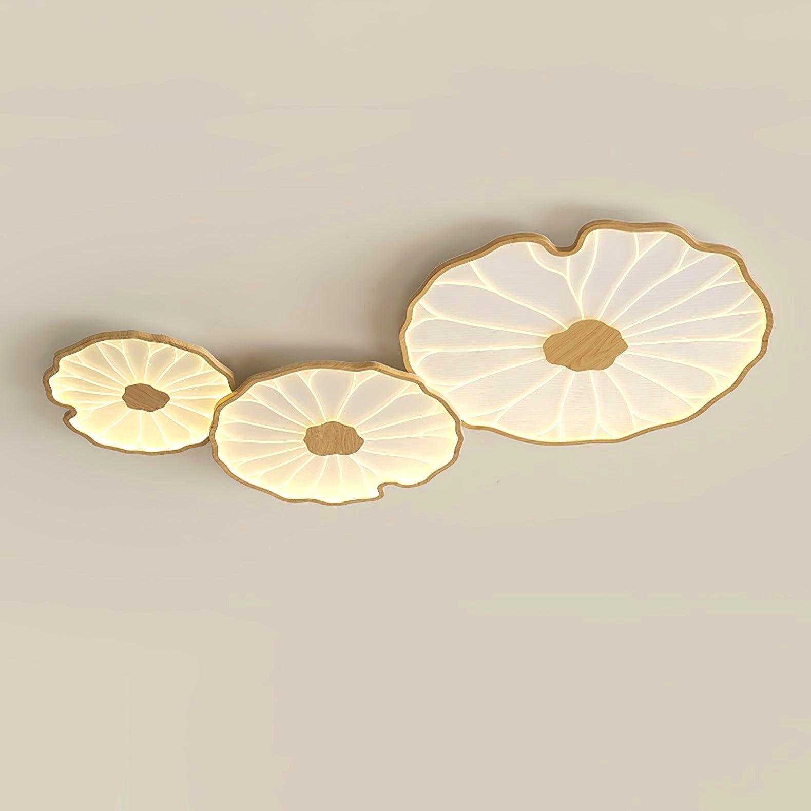 Plafonnier en forme de feuille de lotus, finition bois naturel, pour salon - vue en perspective