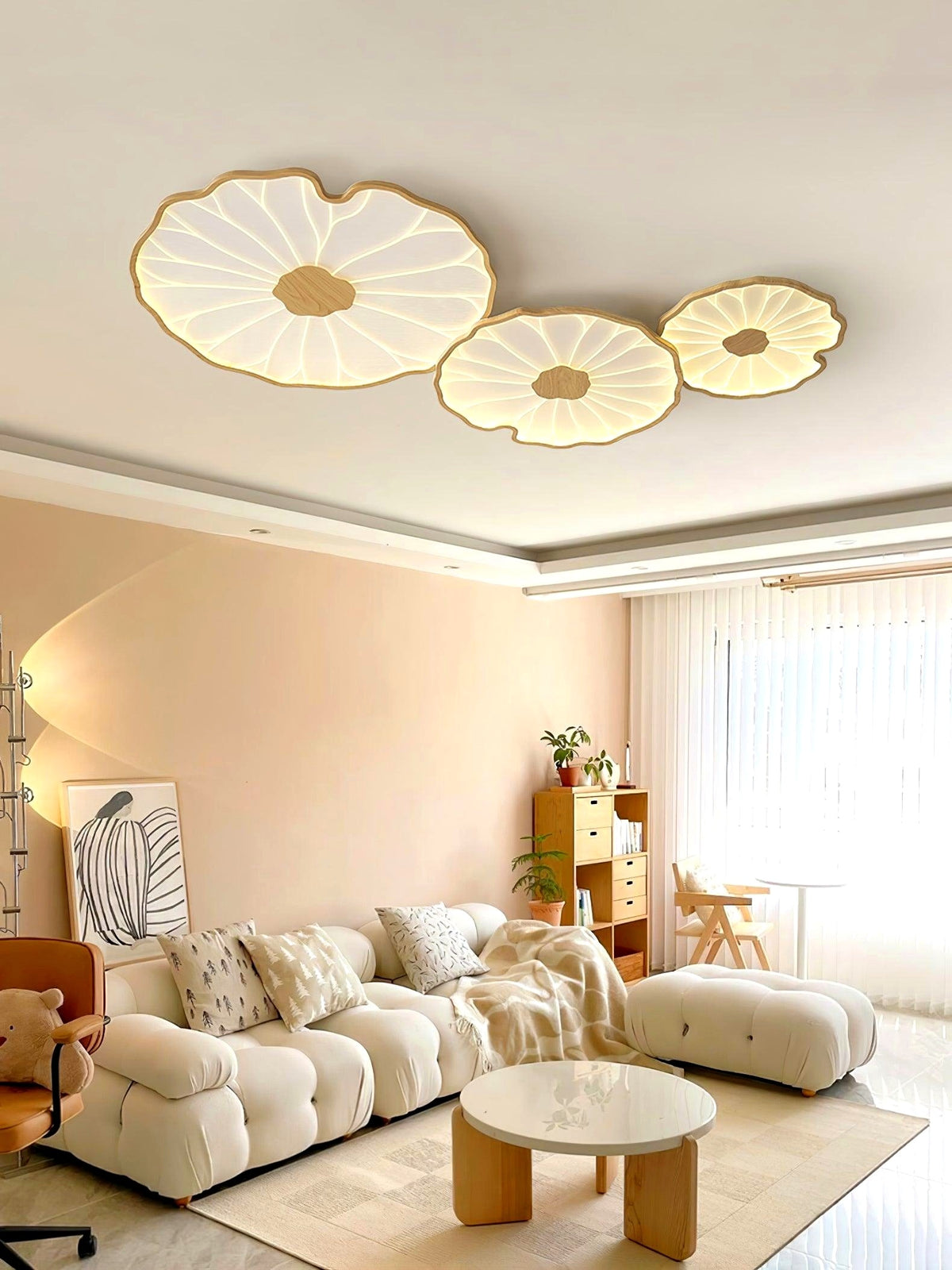 Plafonnier en forme de feuille de lotus, finition bois naturel, pour salon - fiche dimensions