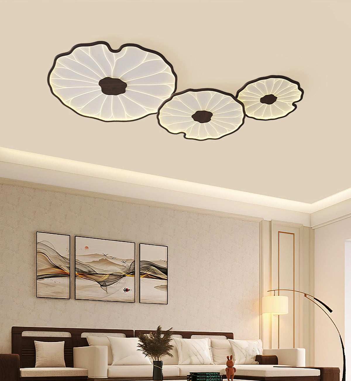 Plafonnier en forme de feuille de lotus, finition bois naturel, pour salon - détail de la lumière