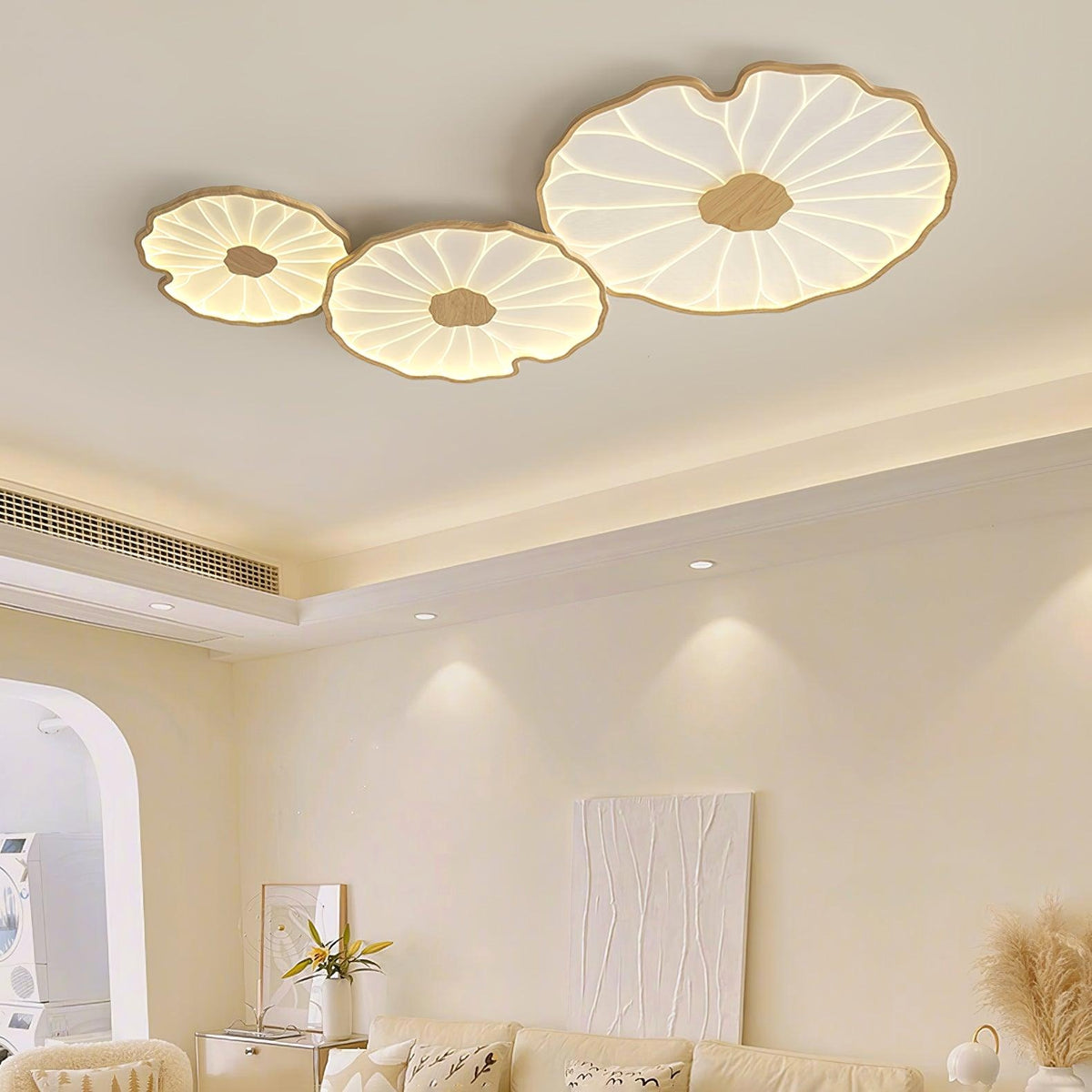 Plafonnier en forme de feuille de lotus, finition bois naturel, pour salon - détail du design