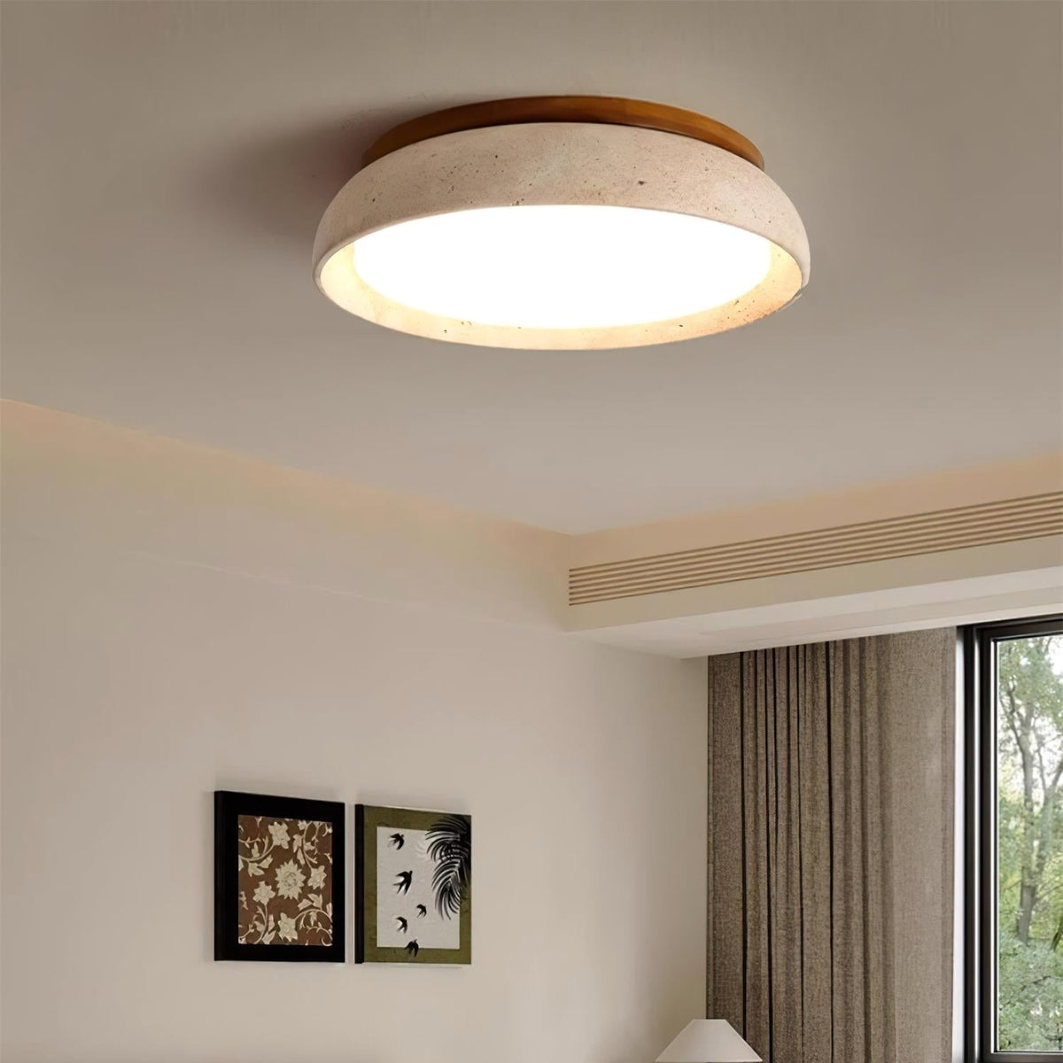 Plafonnier en Pierre Travertin Moderne Beige Métal Chambre - ambiance intérieure