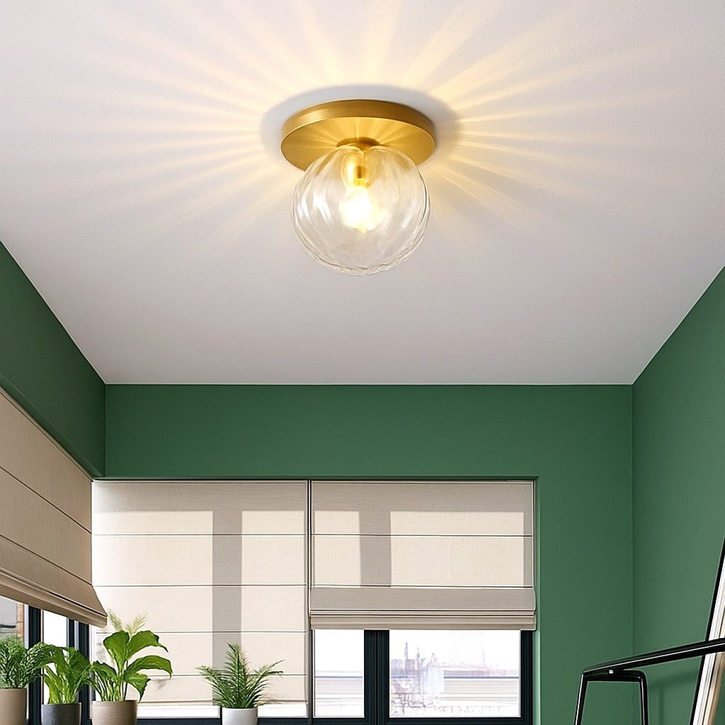 Plafonnier led design rond doré avec boule en verre porch - vue en situation