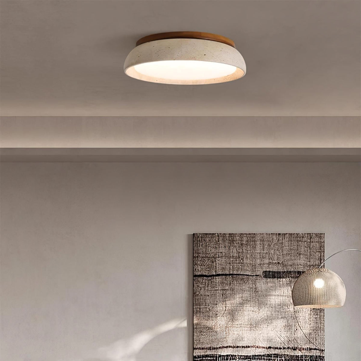 Plafonnier en Pierre Travertin Moderne Beige Métal Chambre - vue en situation