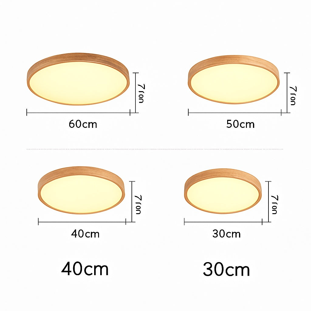 Plafonnier en bois à led très fin en forme de rond - vue rapprochée