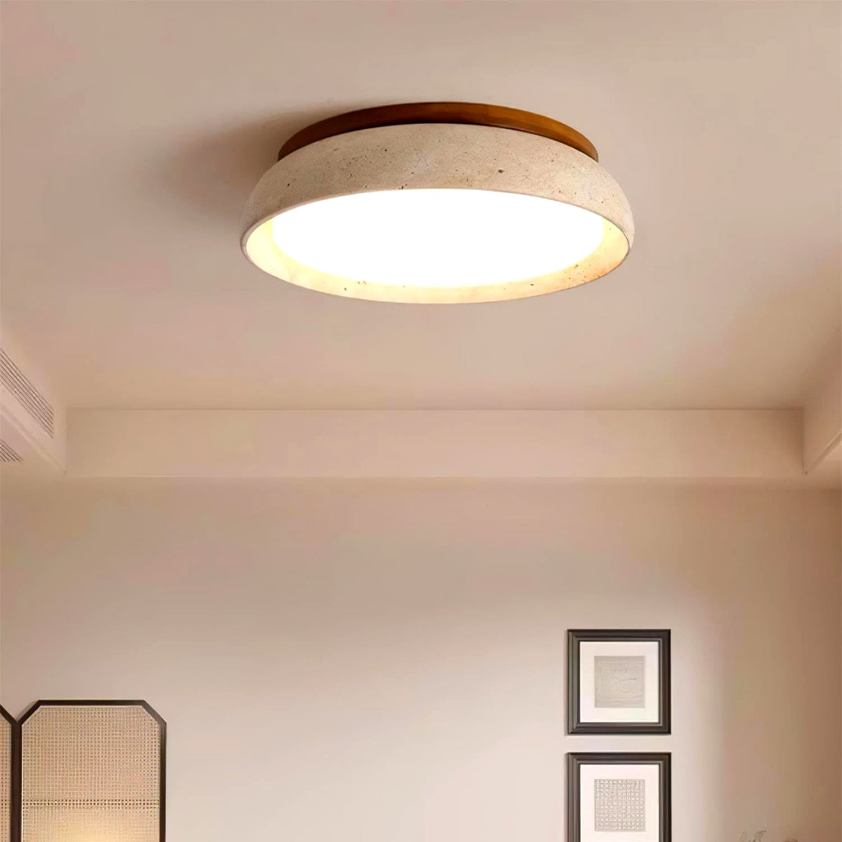 Plafonnier en Pierre Travertin Moderne Beige Métal Chambre - éclairage allumé