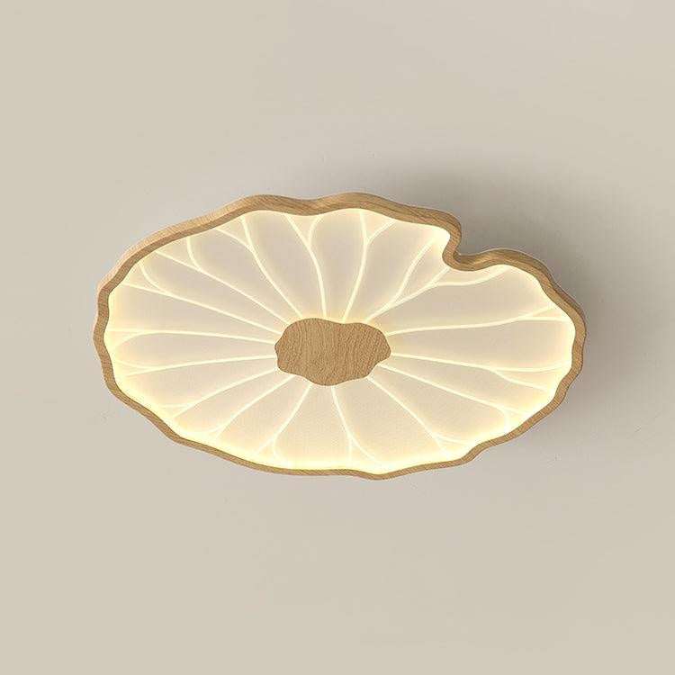 Plafonnier en forme de feuille de lotus, finition bois naturel, pour salon - vue en angle
