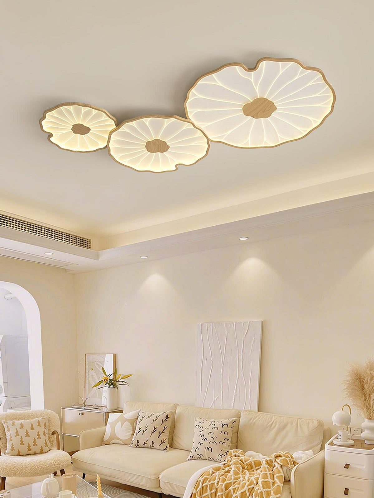 Plafonnier en forme de feuille de lotus, finition bois naturel, pour salon - dimensions et tailles