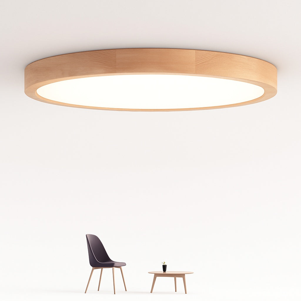 Plafonnier en bois à led très fin en forme de rond - vue de face