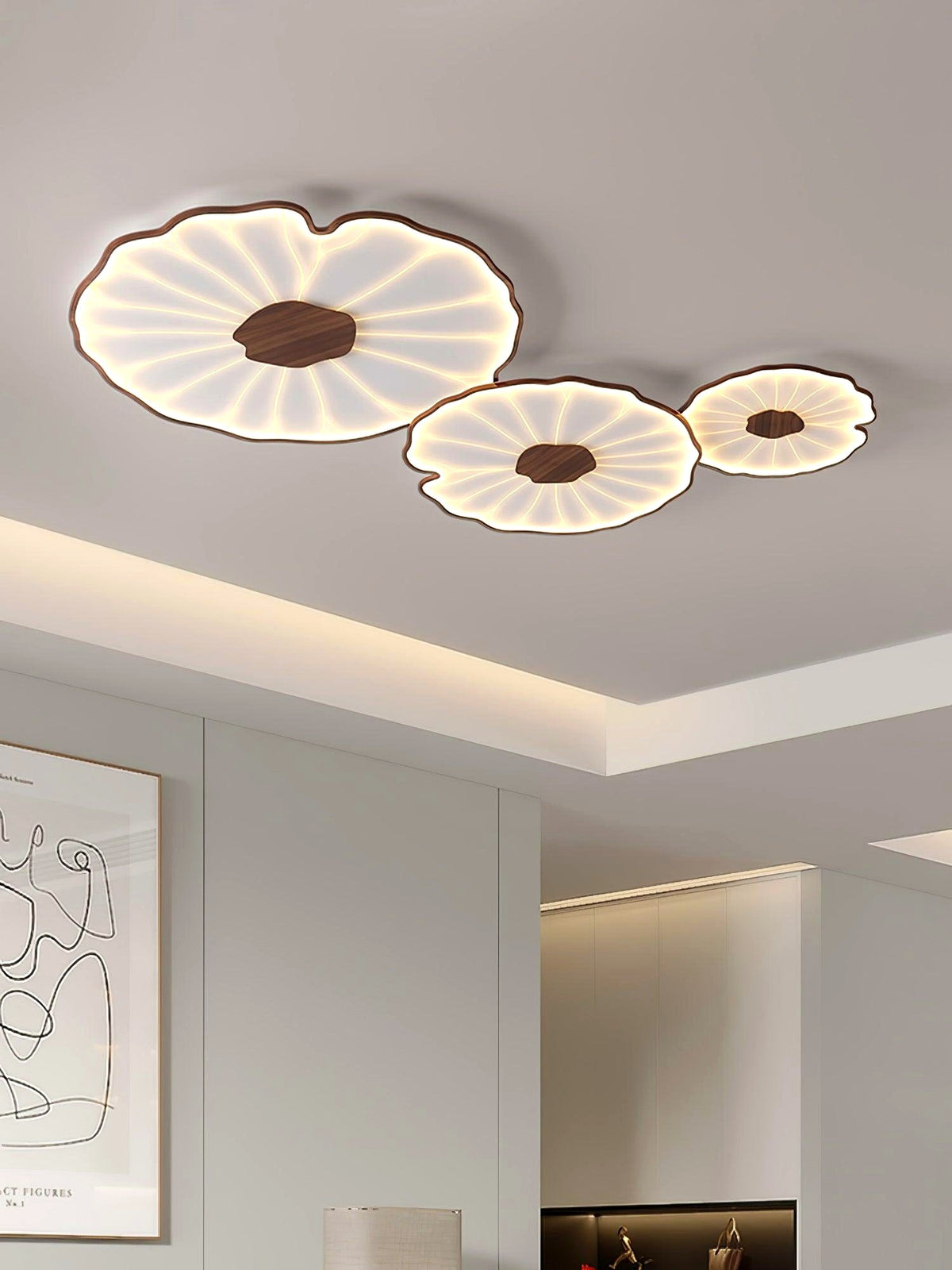 Plafonnier en forme de feuille de lotus, finition bois naturel, pour salon - disposition au plafond