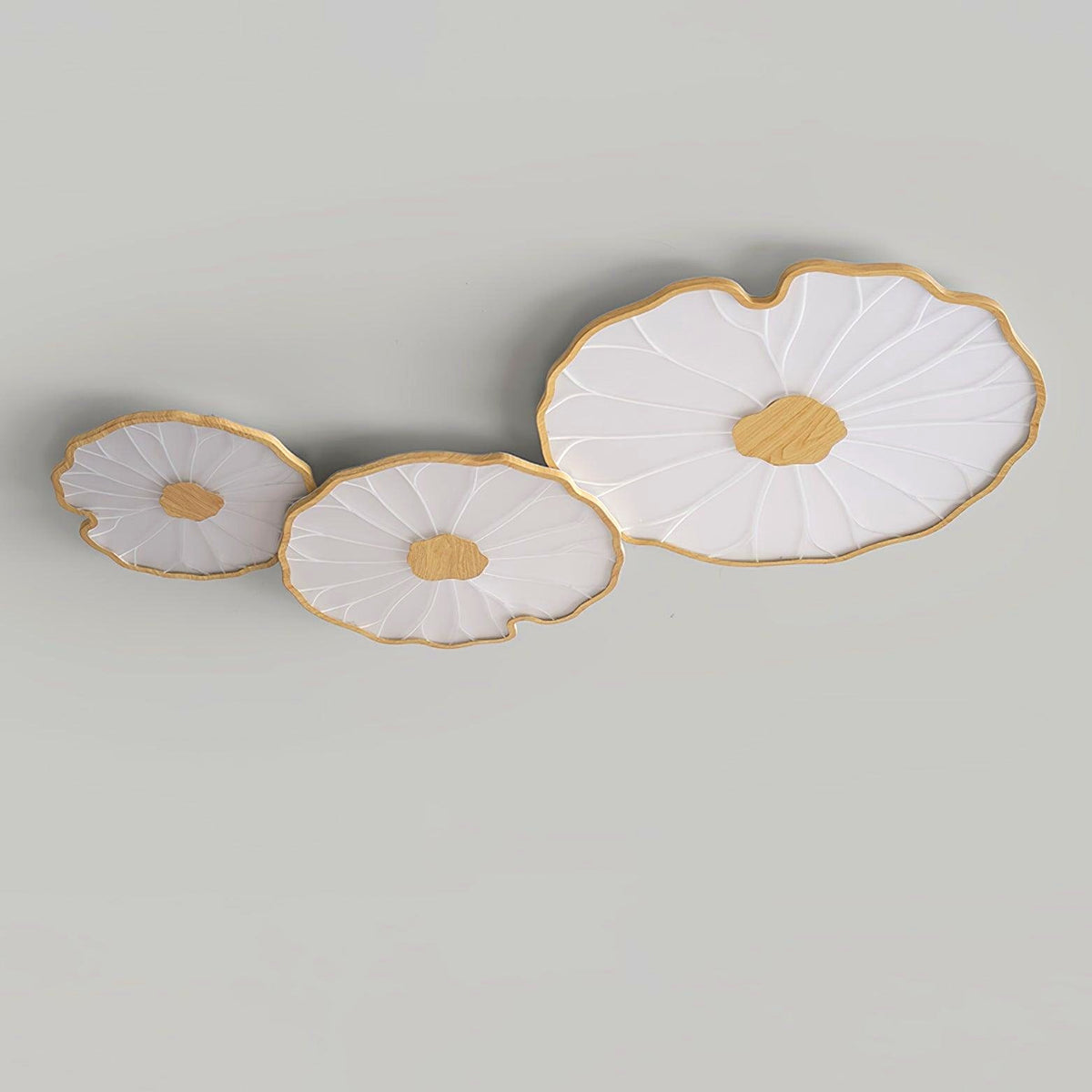 Plafonnier en forme de feuille de lotus, finition bois naturel, pour salon - vue complète