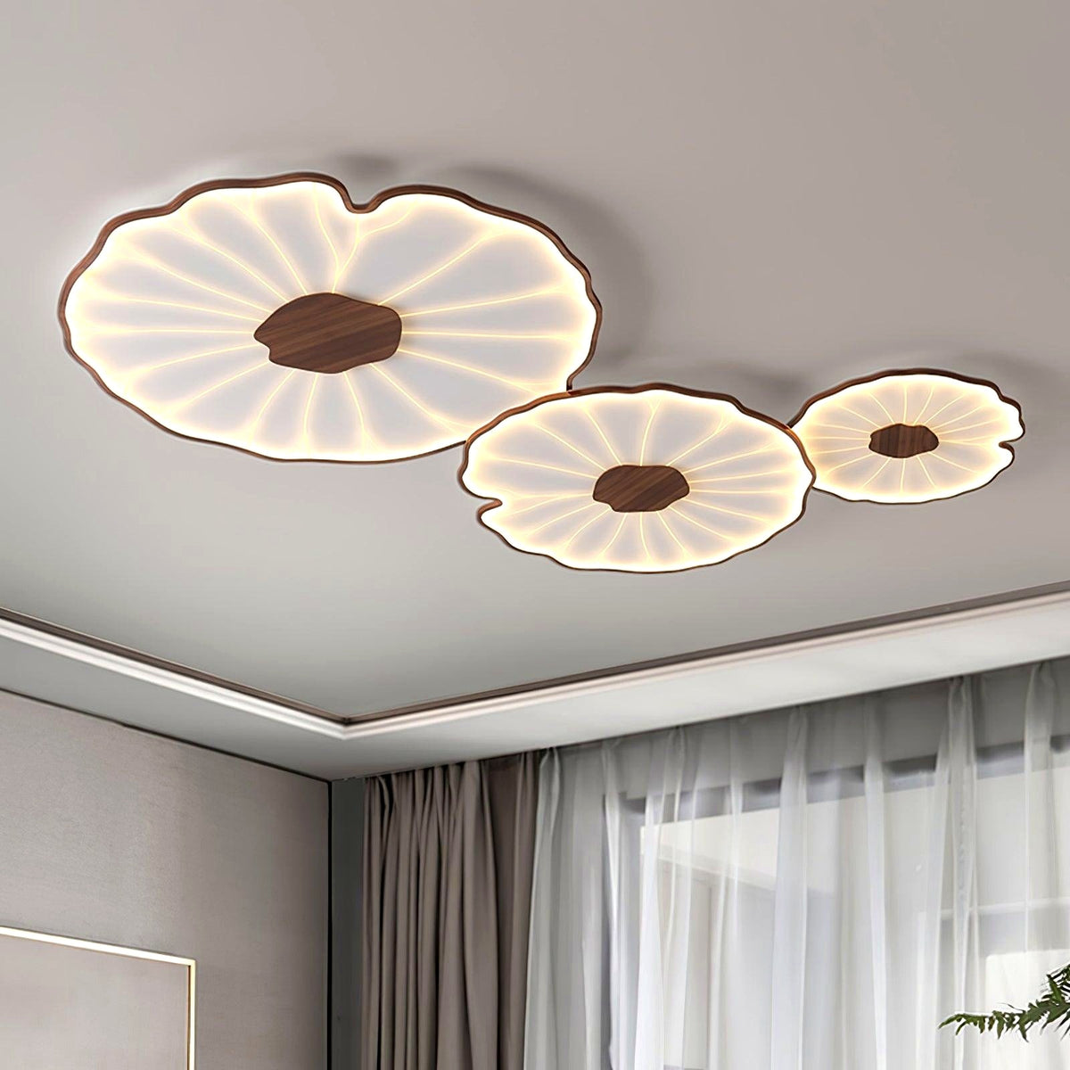 Plafonnier en forme de feuille de lotus, finition bois naturel, pour salon - ambiance moderne