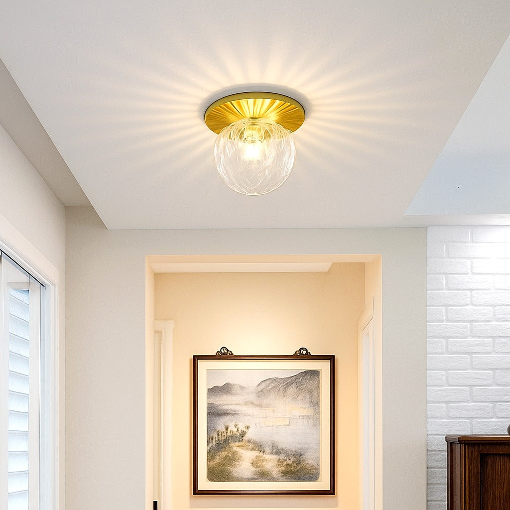 Plafonnier led design rond doré avec boule en verre porch - vue de face