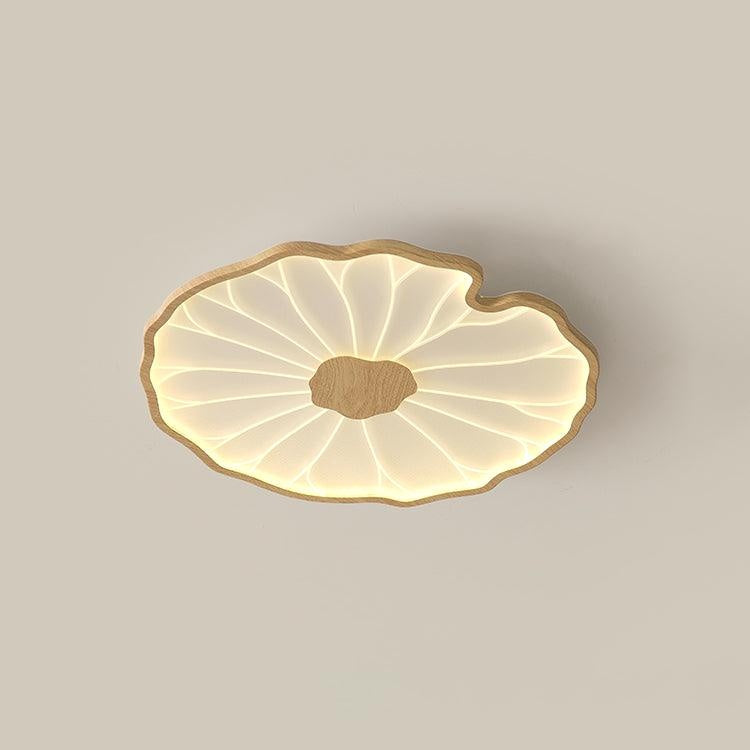 Plafonnier en forme de feuille de lotus, finition bois naturel, pour salon - rendu lumière chaude