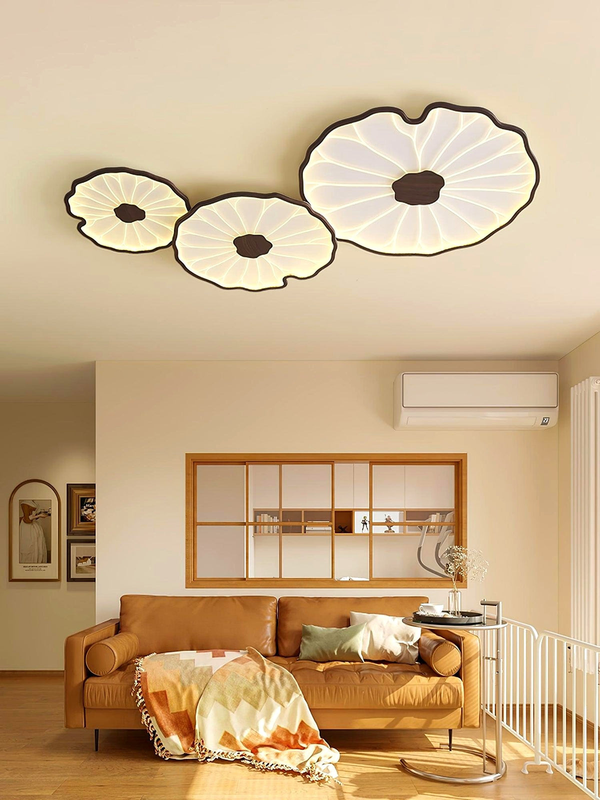 Plafonnier en forme de feuille de lotus, finition bois naturel, pour salon - détail LED