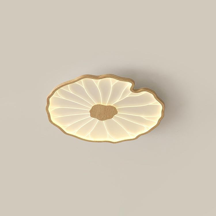 Plafonnier en forme de feuille de lotus, finition bois naturel, pour salon - éclairage allumé